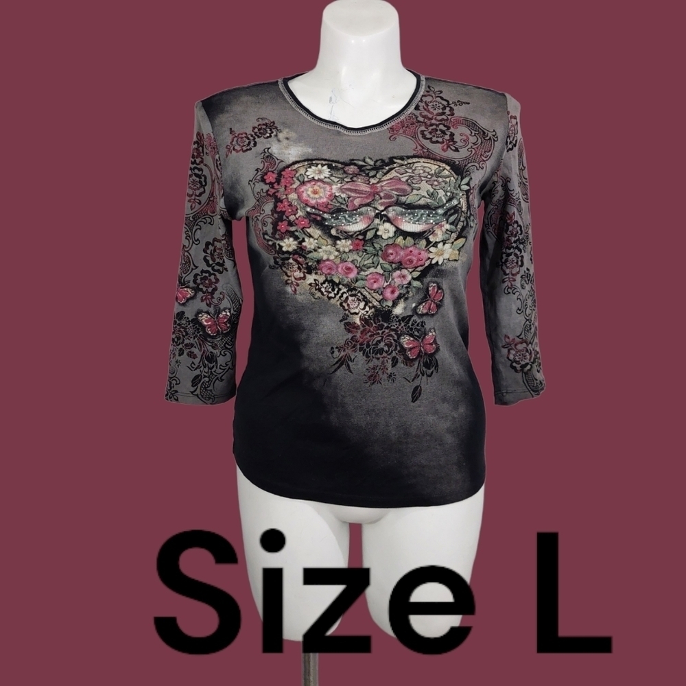 Womens Size L Grey Floral 3/4 Sleeve Top All Season Casual Colorful Boho Fashion